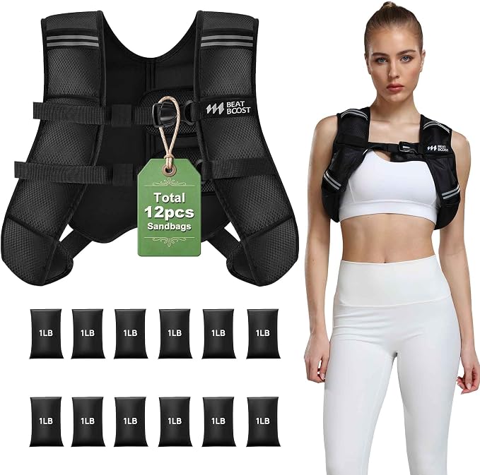 BeatBoost adjustable weighted vest for men and women, black mesh panels and belt