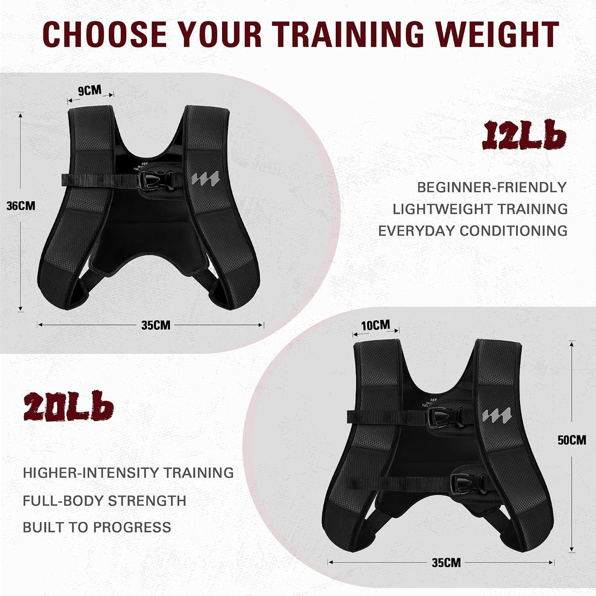 Black iron weight vest training weight chart with 12lb and 20lb size dimensions