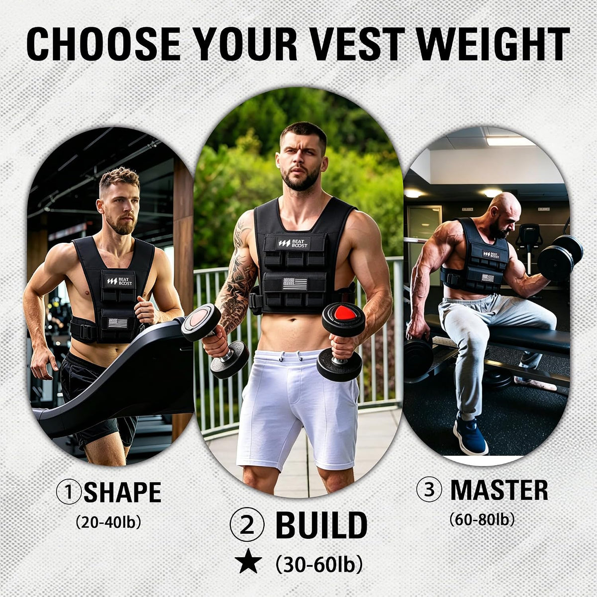 Black weighted vest worn by a person with dumbbells in a workout collage