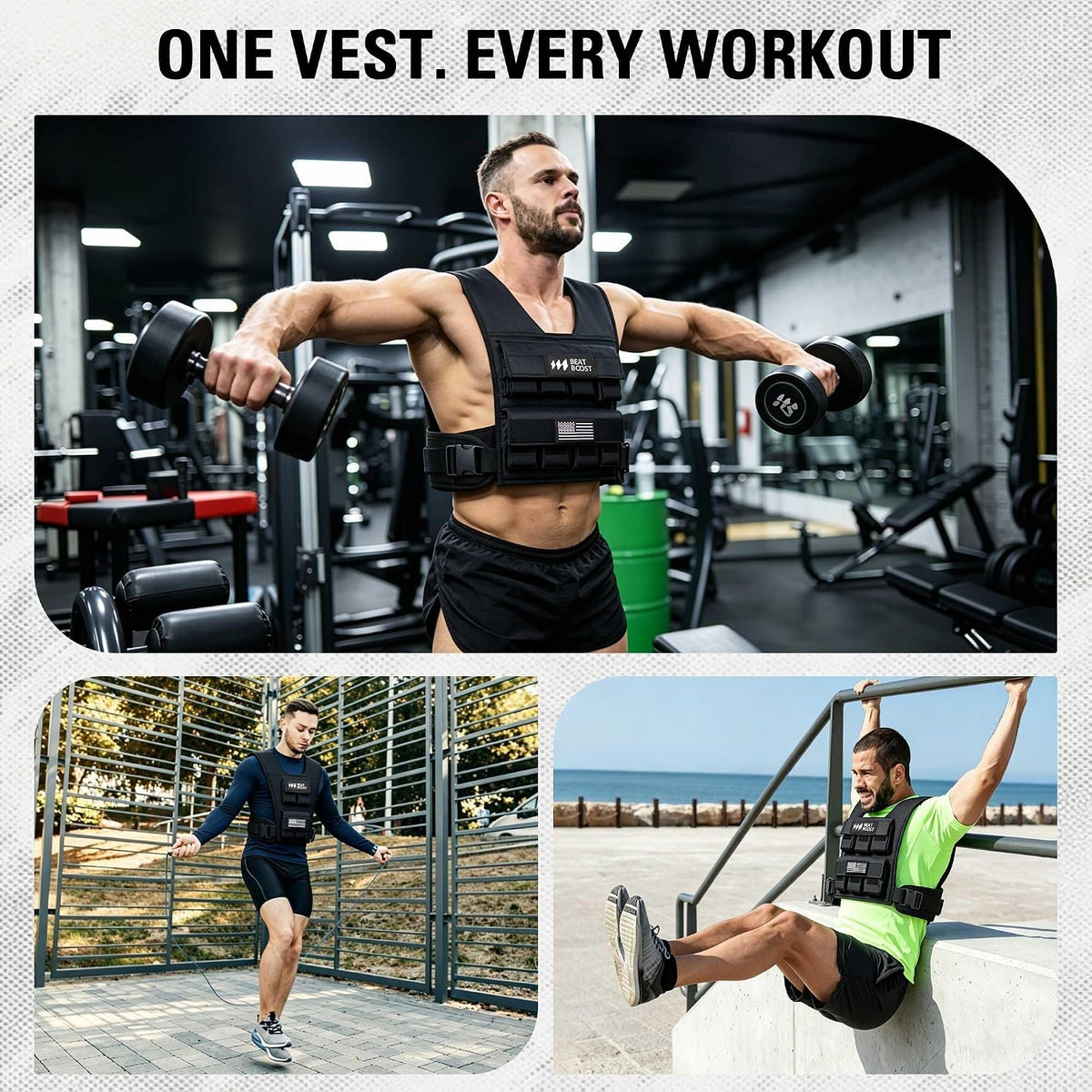 Black weighted vest worn during a gym workout with adjustable front straps