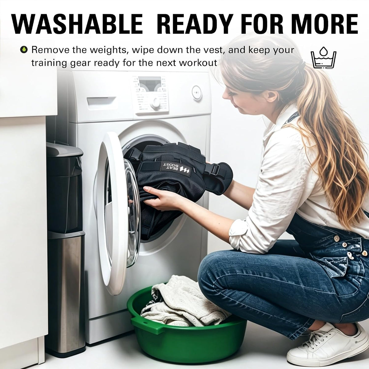 Black weighted vest and removed weights placed for washing near a home washer
