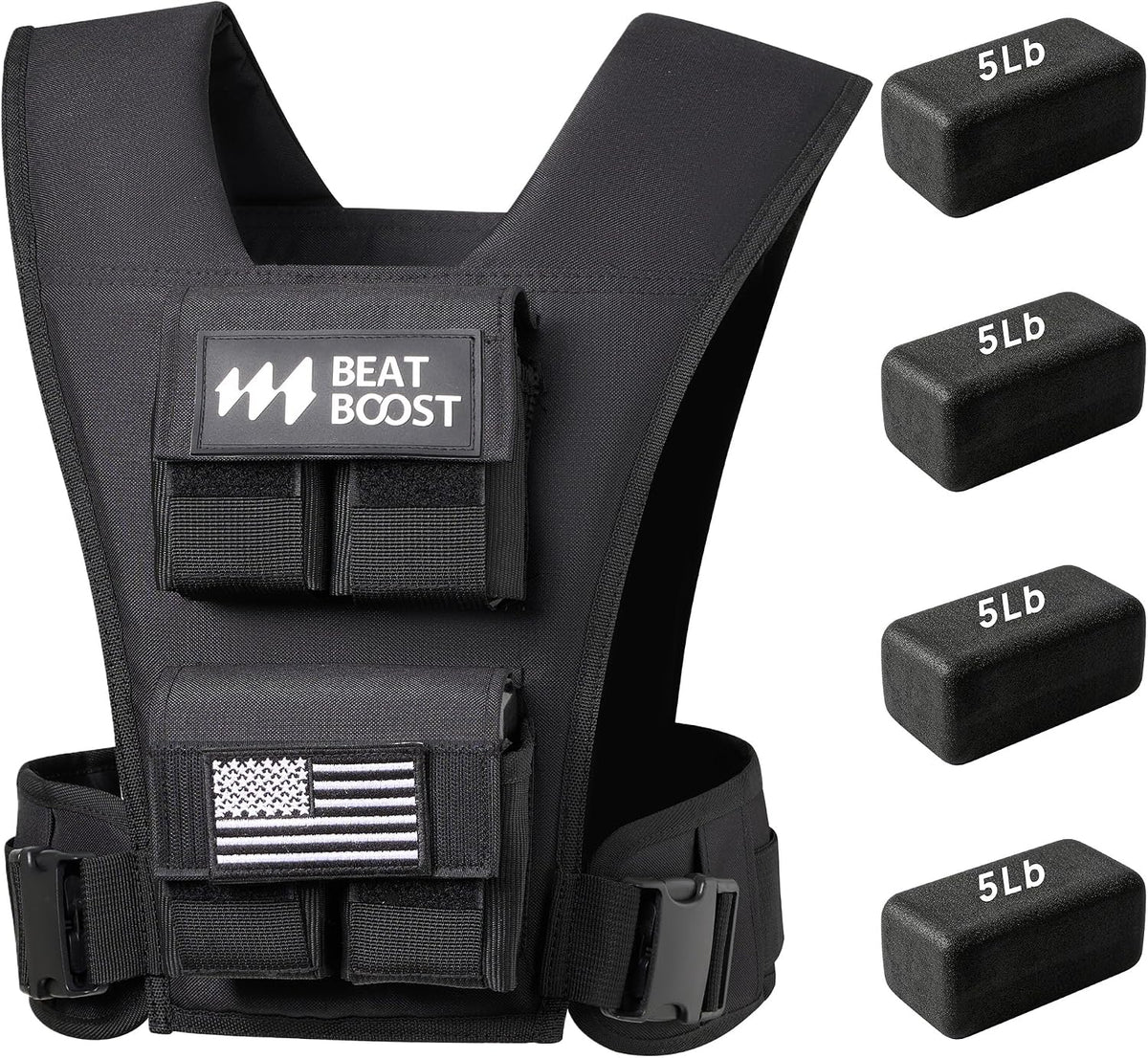 Adjustable weighted vest with front plate compartments and 5 lb removable blocks
