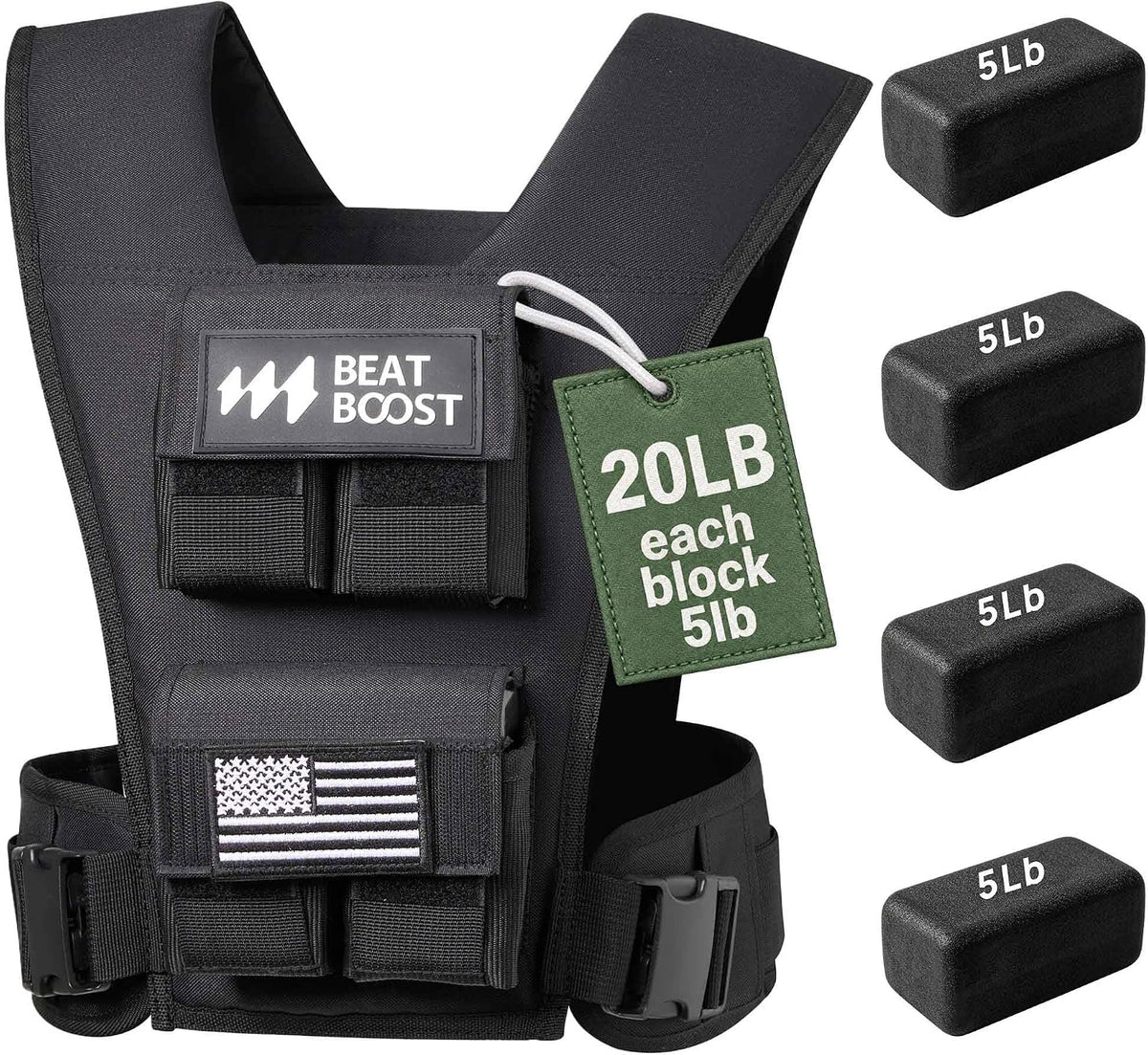 Adjustable weighted vest with 20 lb (each 5 lb) removable steel plate blocks