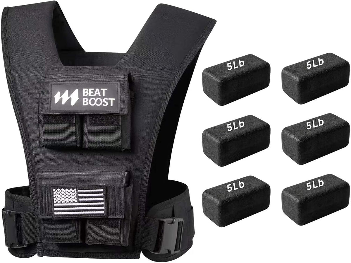 Black adjustable weighted vest with American flag patch and included 5 lb blocks