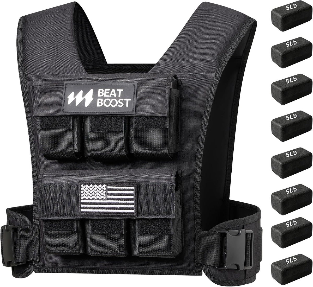 Adjustable weighted vest with removable plate pockets and 5 lb block weights
