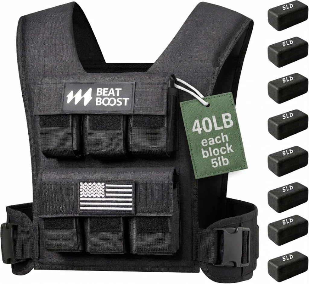 Adjustable weighted vest with 40 lb (each 5 lb) removable steel plate blocks