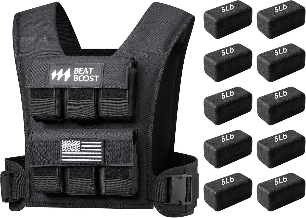 Black weighted vest front view with included 5 lb blocks and side buckle closure