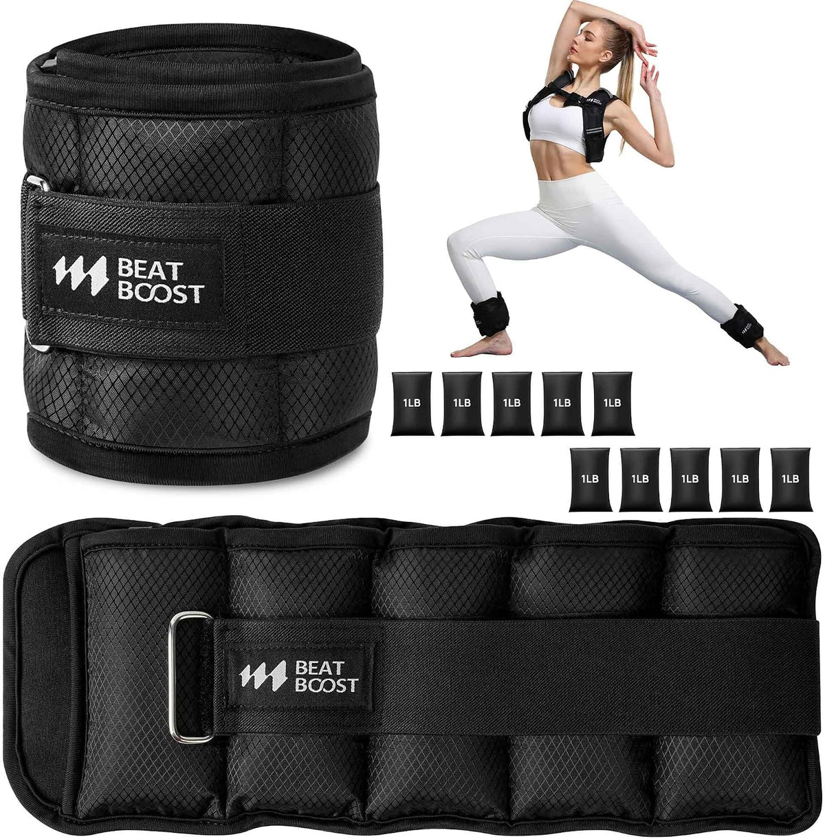 Adjustable black ankle weight cuffs with 1 lb bags and buckle straps