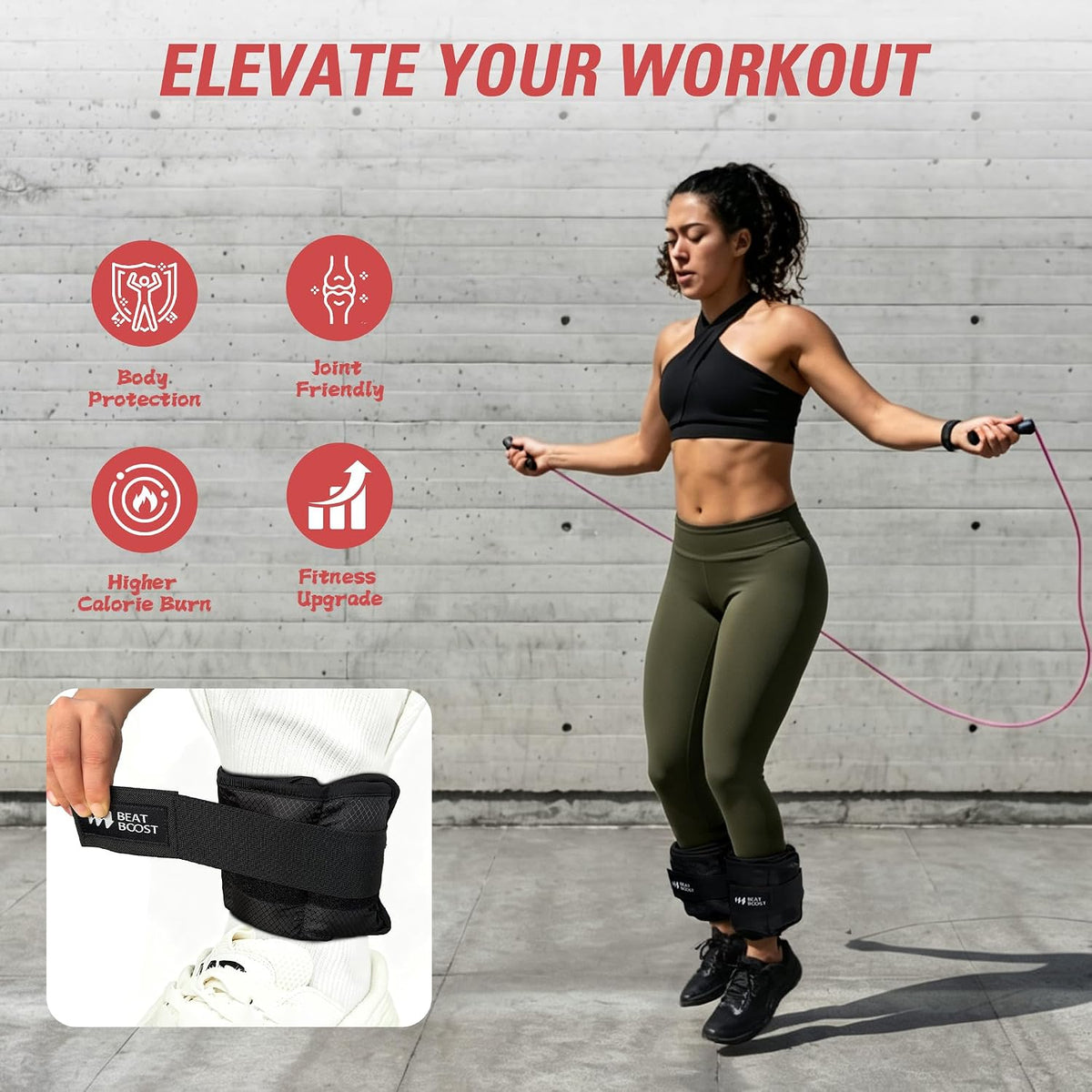 Adjustable ankle weight cuffs with strong closure worn during workout