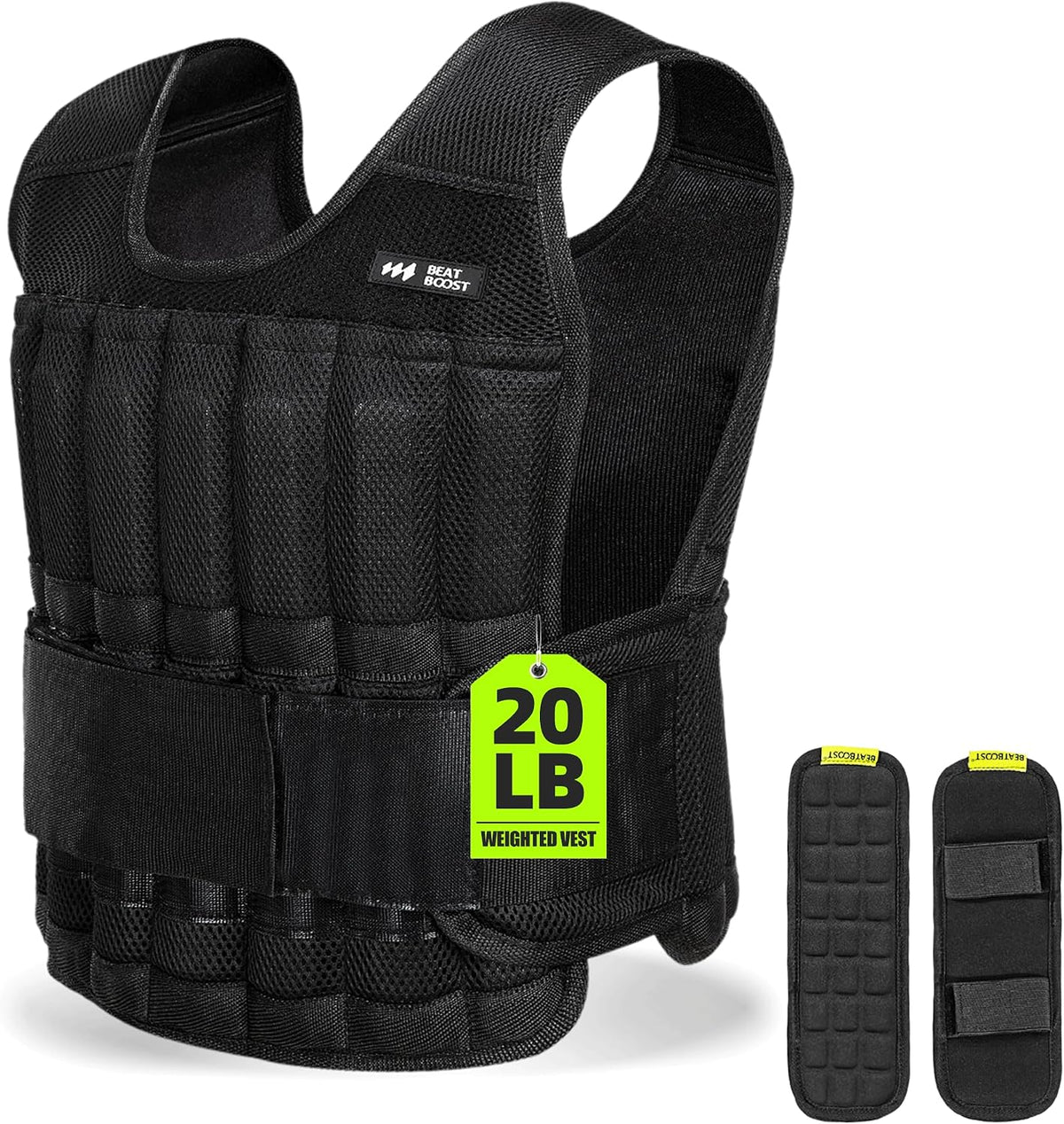 Adjustable weighted vest, black, quilted steel-plate design, 20 LB label