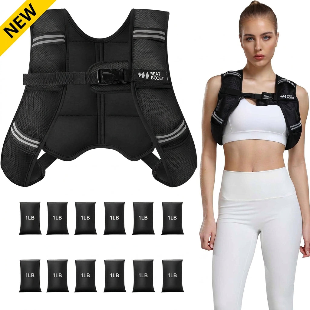 BeatBoost adjustable weighted vest for men and women, black mesh panels and belt