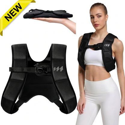 Black adjustable iron weight vest with mesh panels and front buckle, worn by woman