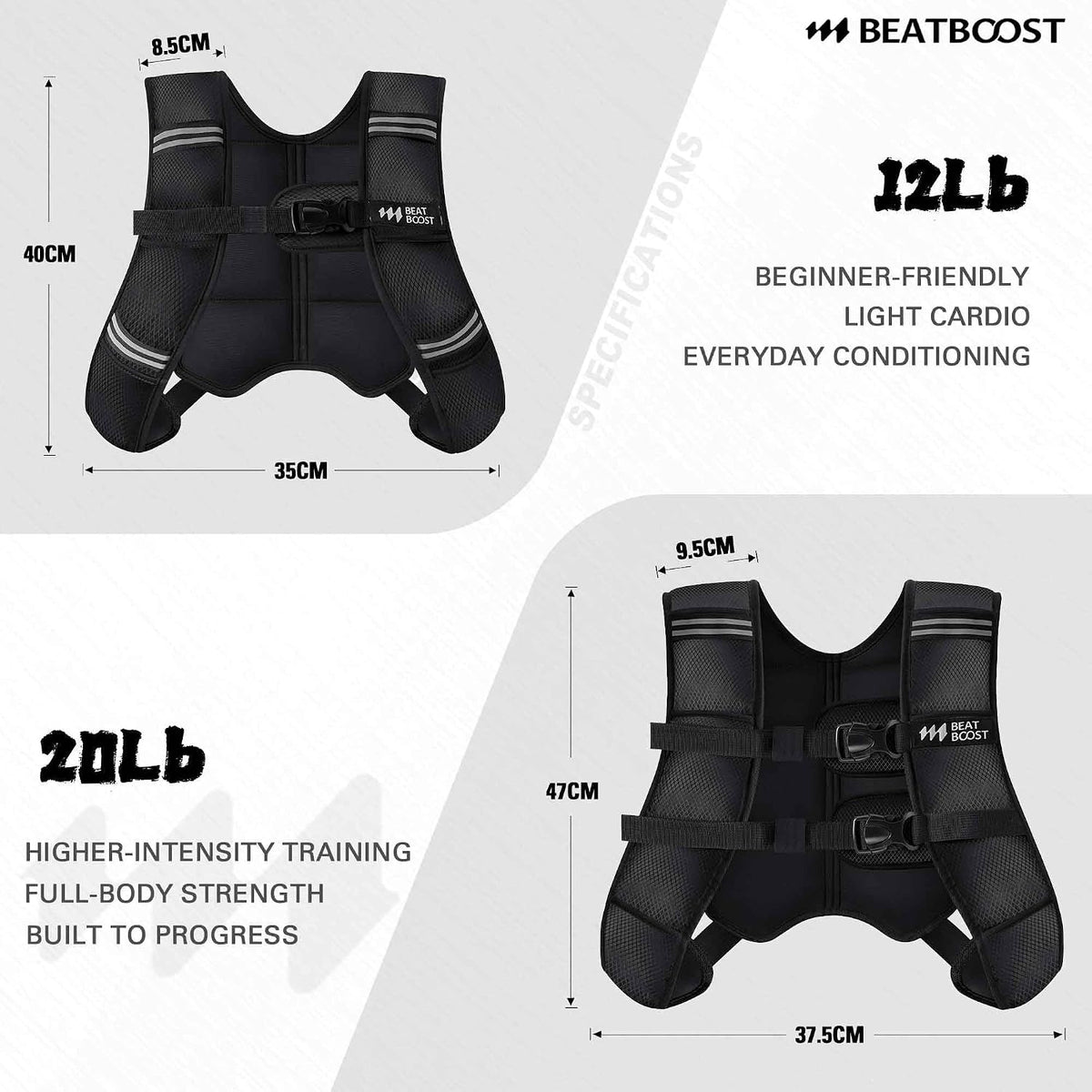 Black adjustable weighted vest with mesh panels and adjustable front and side straps