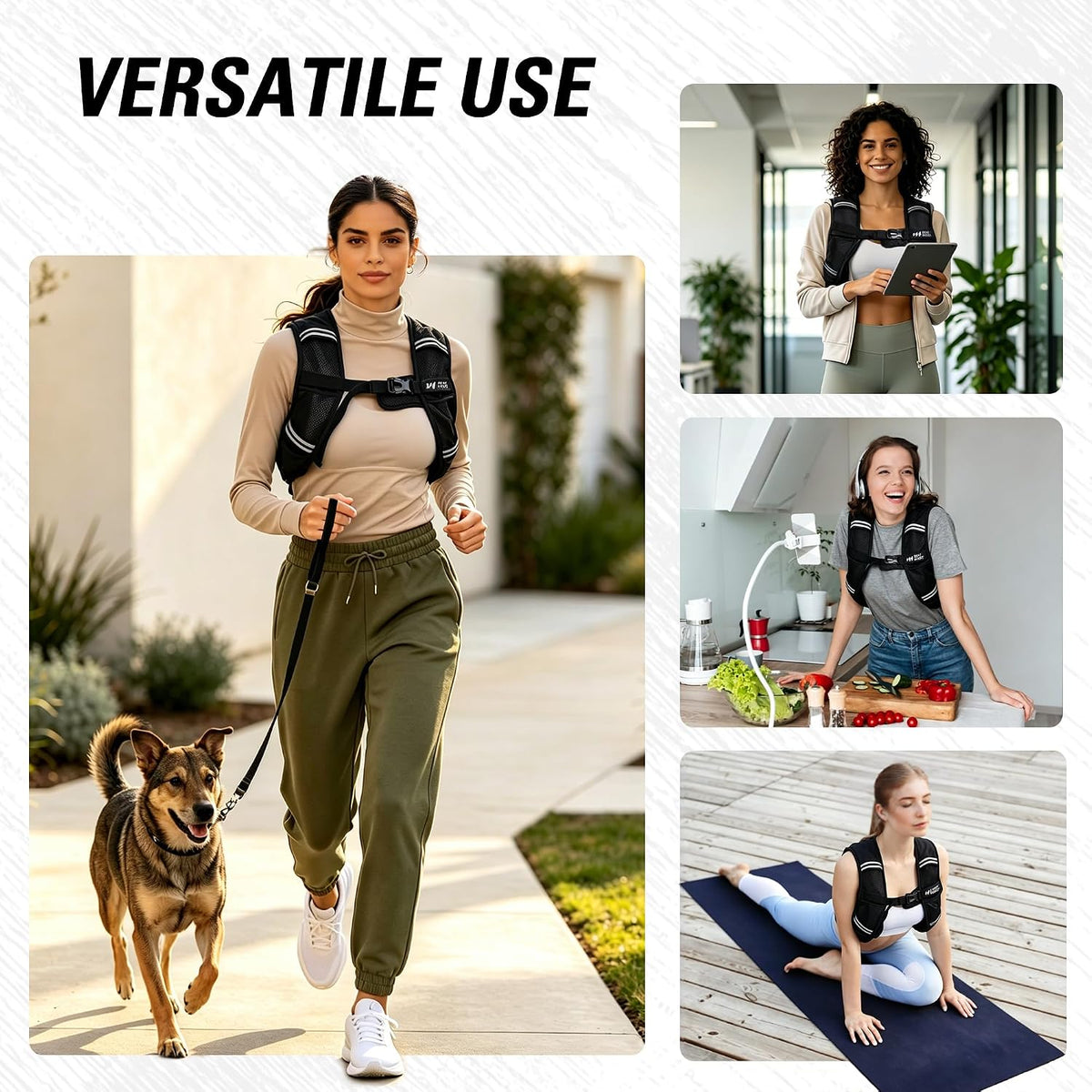 Black adjustable weighted vest worn on person, with front pockets and adjustable straps