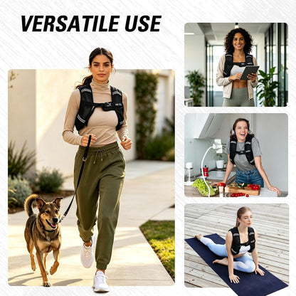 Black adjustable weighted vest worn on person, with front pockets and adjustable straps