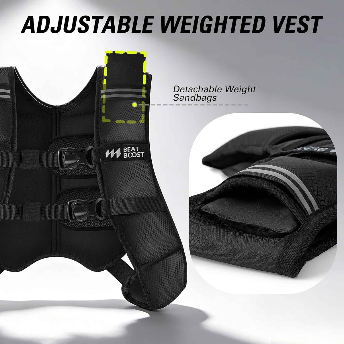 Black adjustable weighted vest with detachable weight sandbags and adjustable belt