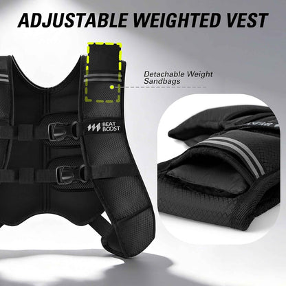 Black adjustable weighted vest with detachable weight sandbags and adjustable belt