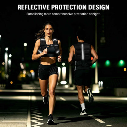 Black reflective weighted vest with back straps and reflective trim for visibility