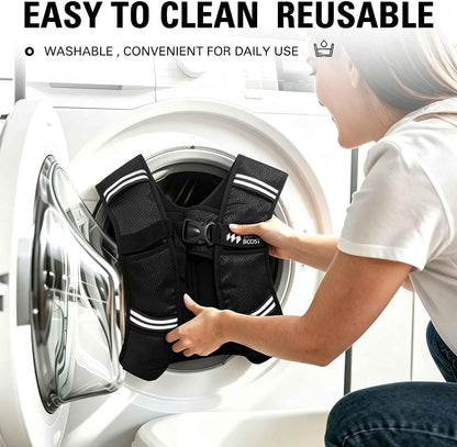 Black washable adjustable weighted vest being cleaned, with adjustable straps
