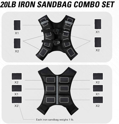 Black weighted vest combo set with iron sandbag inserts shown in weight layout