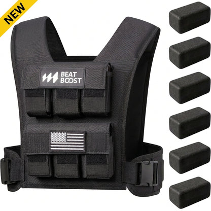 Black adjustable weighted vest with front pockets and removable steel-plate weights