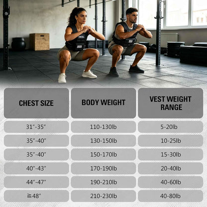 Black weighted vest worn in a squat pose with adjustable fit and front pockets