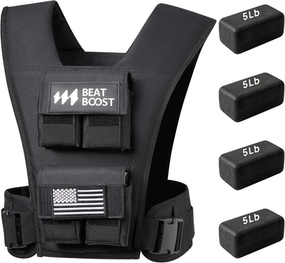 Adjustable weighted vest with front plate compartments and 5 lb removable blocks