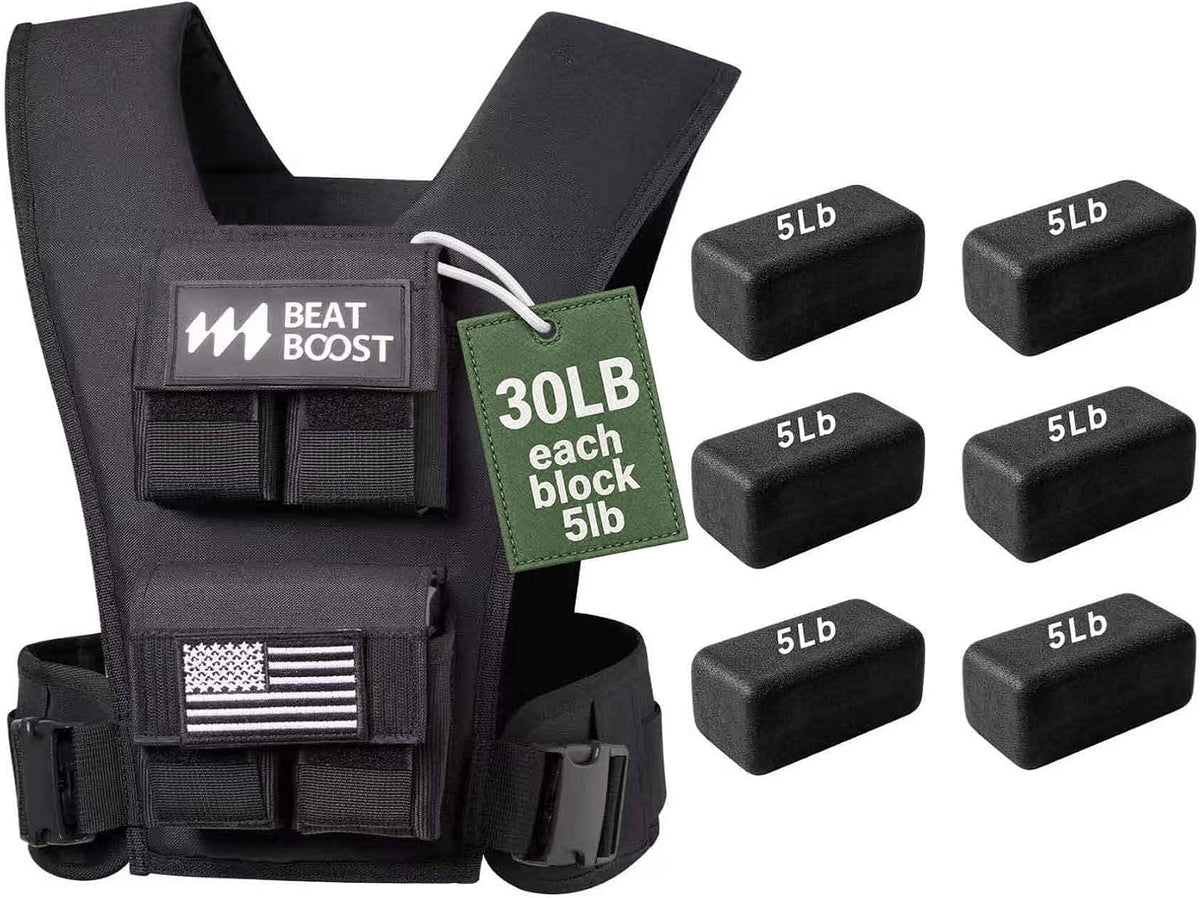 Adjustable weighted vest with 30 lb (each 5 lb) removable steel plate blocks