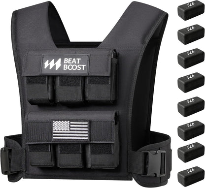 Adjustable weighted vest with removable plate pockets and 5 lb block weights
