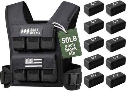 Adjustable weighted vest with 50 lb (each 5 lb) removable steel plate blocks