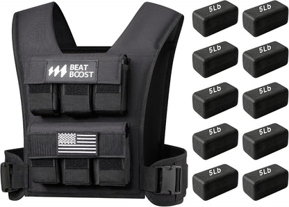 Black weighted vest front view with included 5 lb blocks and side buckle closure