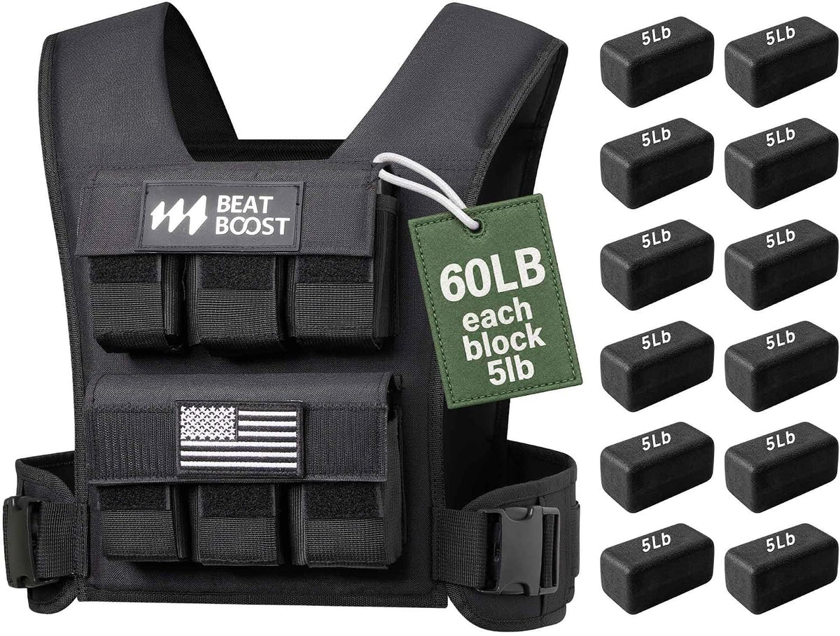 Adjustable weighted vest with 60 lb (each 5 lb) removable steel plate blocks