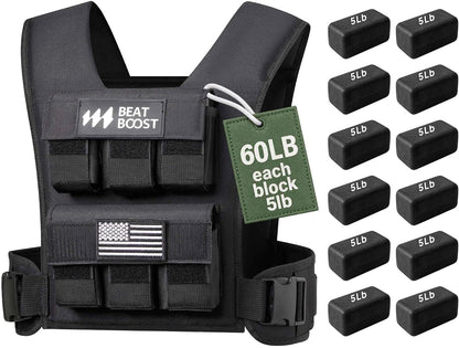 Adjustable weighted vest with 60 lb (each 5 lb) removable steel plate blocks