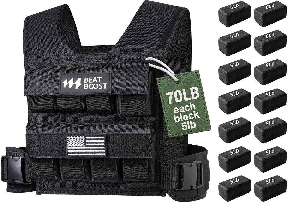 Adjustable weighted vest with 70 lb (each 5 lb) removable steel plate blocks