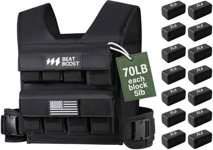 Adjustable weighted vest with 70 lb (each 5 lb) removable steel plate blocks