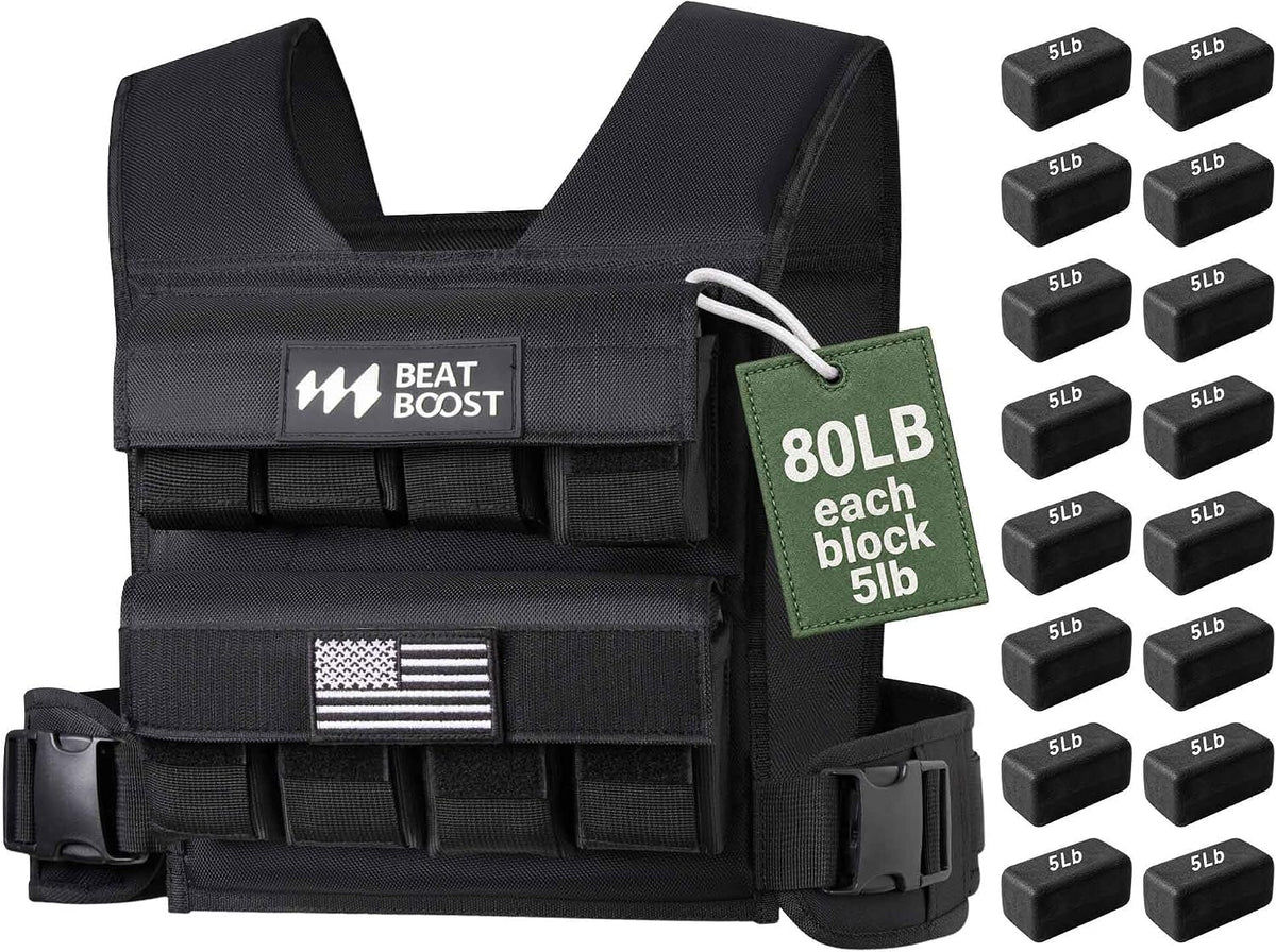Adjustable weighted vest with 80 lb (each 5 lb) removable steel plate blocks