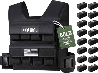 Adjustable weighted vest with 80 lb (each 5 lb) removable steel plate blocks
