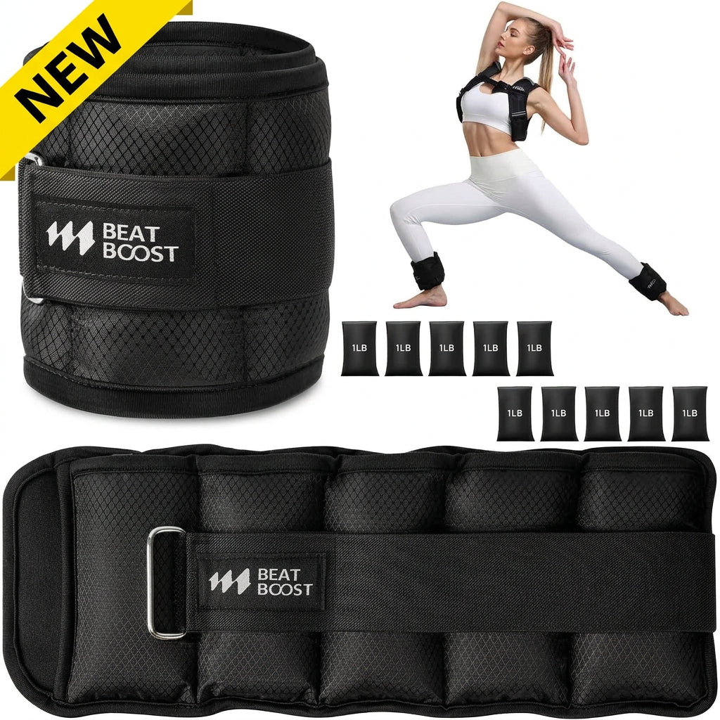 Adjustable black ankle weight cuffs with 1 lb bags and buckle straps