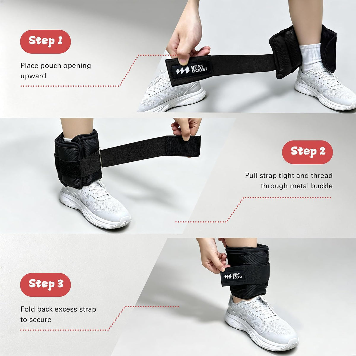 Black adjustable ankle weight cuff with pouch opening and metal buckle