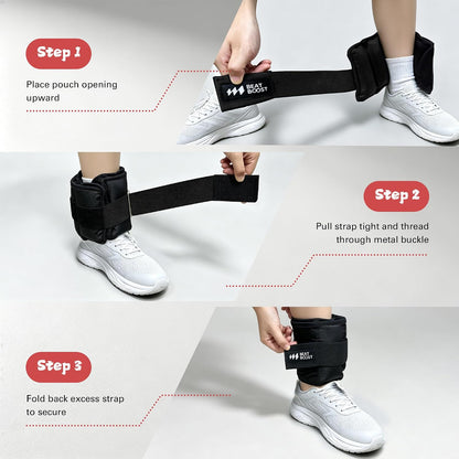 Black adjustable ankle weight cuff with pouch opening and metal buckle
