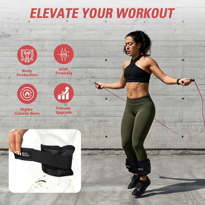 Adjustable ankle weight cuffs with strong closure worn during workout