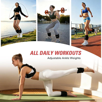 Adjustable black ankle weight cuffs worn on ankles during daily workouts