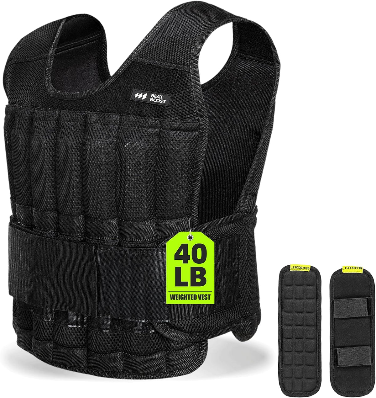 Adjustable weighted vest, black, quilted steel-plate design, 40 LB label