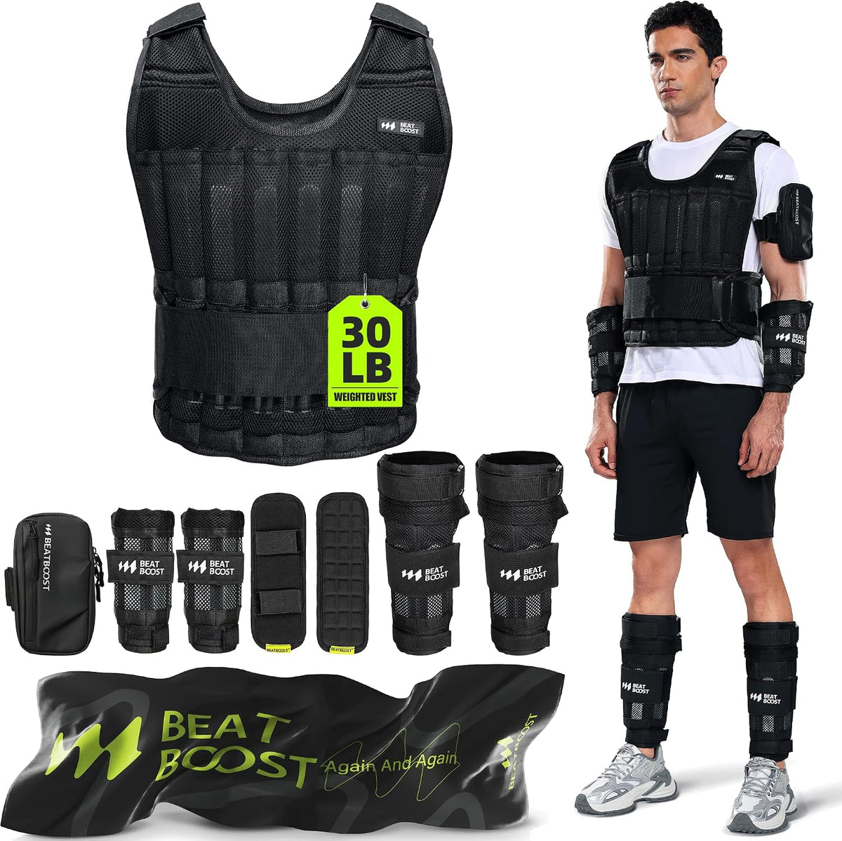 Adjustable black weighted vest set, 30 lb capacity with steel-plate inserts